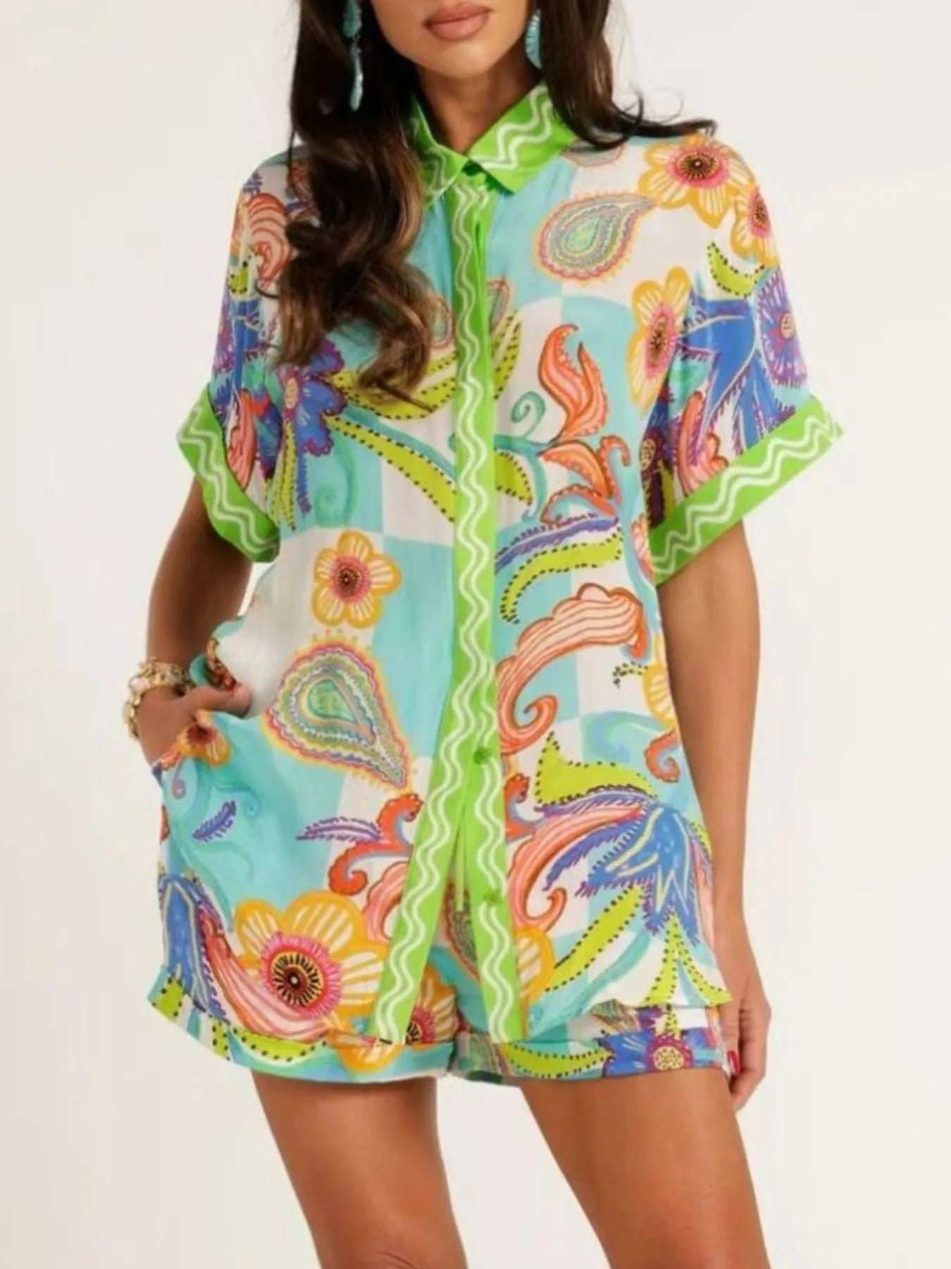 Sarah Express Women's Printed Button Up Shirt and Shorts Set