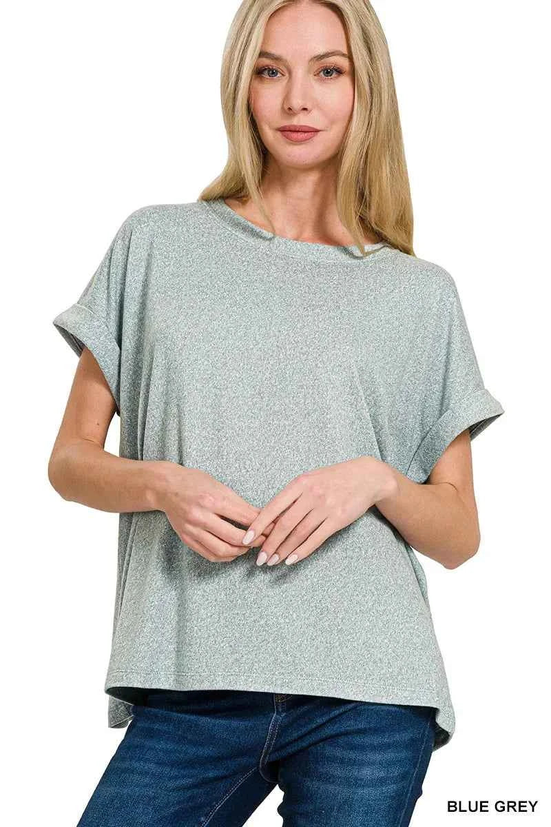 Sarah Express Women's Soft Melange Hacci Short Sleeve Round Neck Top BLUE GREY