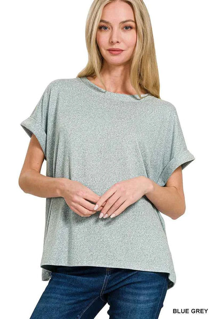Sarah Express Women's Soft Melange Hacci Short Sleeve Round Neck Top BLUE GREY