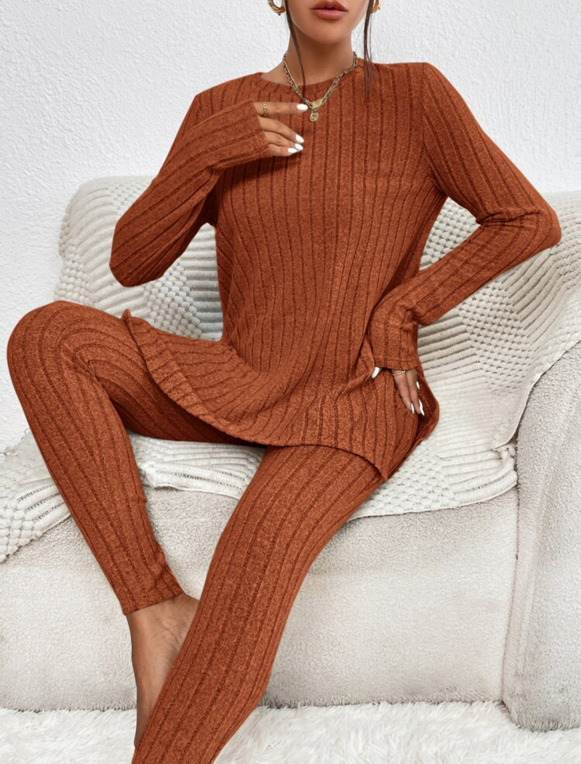 Sarah Express Women's Casual Cotton Two-Piece Matching Set Long Sleeve Top & Trousers