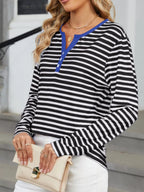 Sarah Express Women's Striped Long Sleeve Henley T-Shirt - Button Front Casual Top