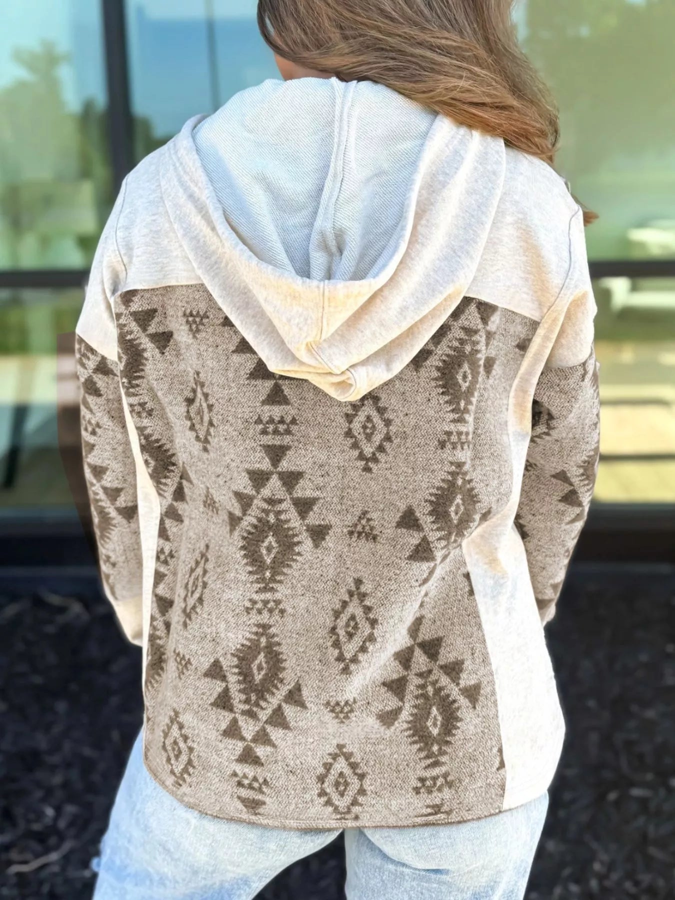 Sarah Express Women's Western Aztec Print Color Block Patchwork Drawstring Hooded Shacket