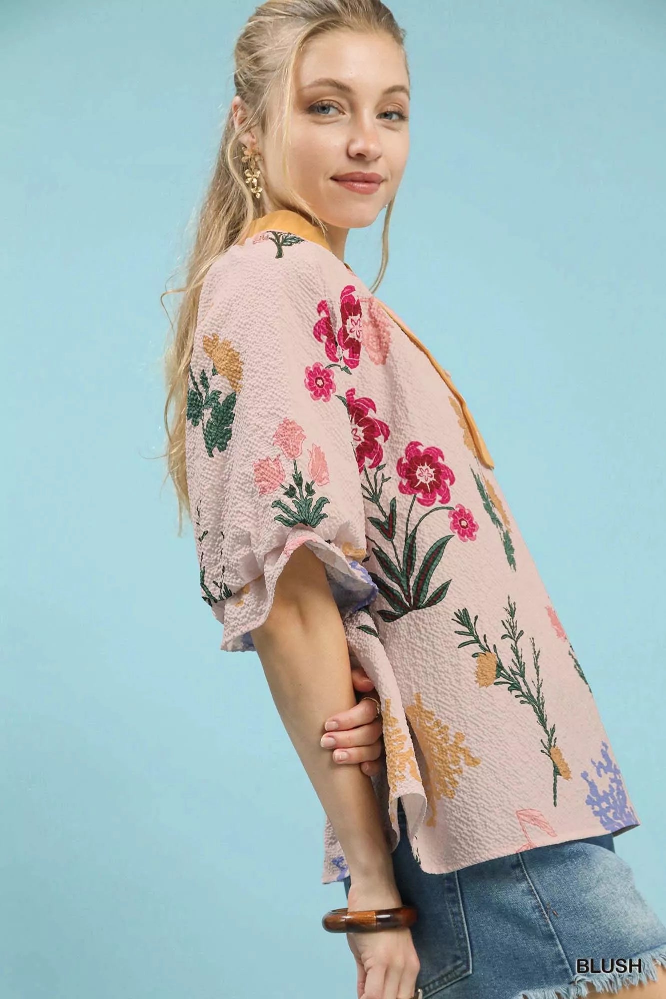 Sarah Express Women's Floral Puff Sleeve Blouse with Scallop Trim Collar