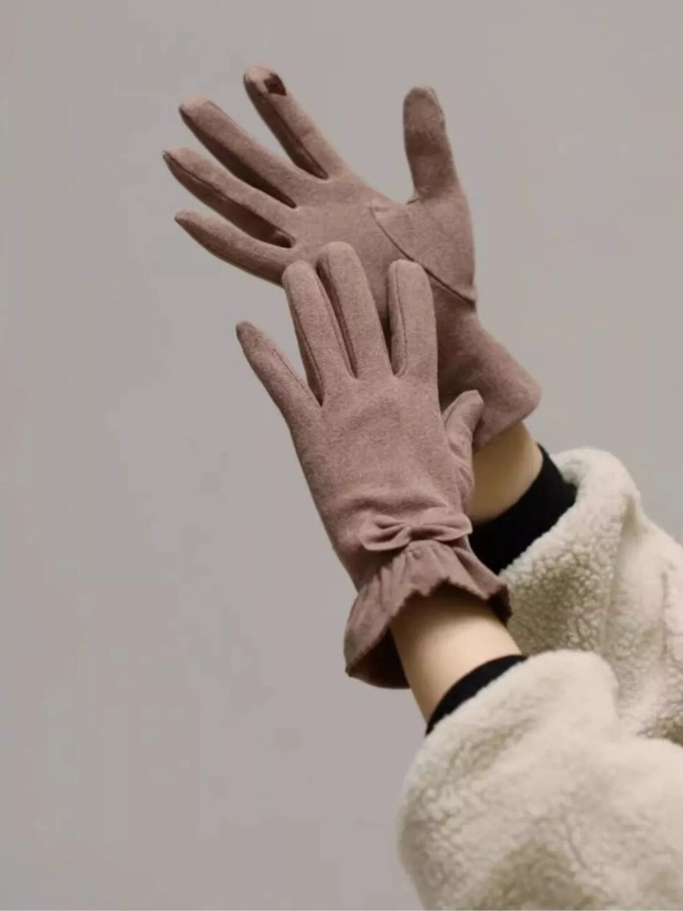 Sarah Express Women's Ruffled Cuff Bow Gloves - Elegant Polyester Accessory