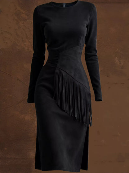 Sarah Express Women's Suede Fringe Long Sleeve Midi Dress - Boho Western Style