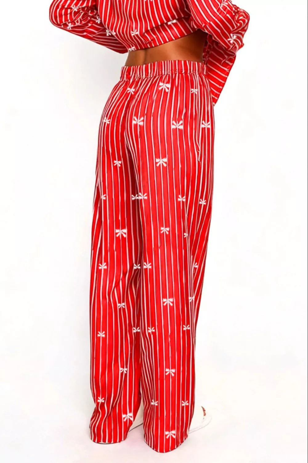Sarah Express Women's Bow Print Lounge Set - Button-Up Top and Wide Leg Pants