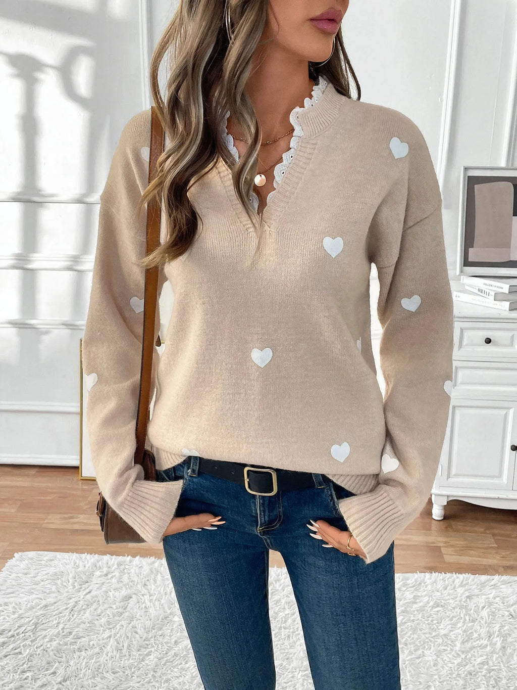 Sarah Express Women's Heart V-Neck Long Sleeve Sweater with Lace Detail