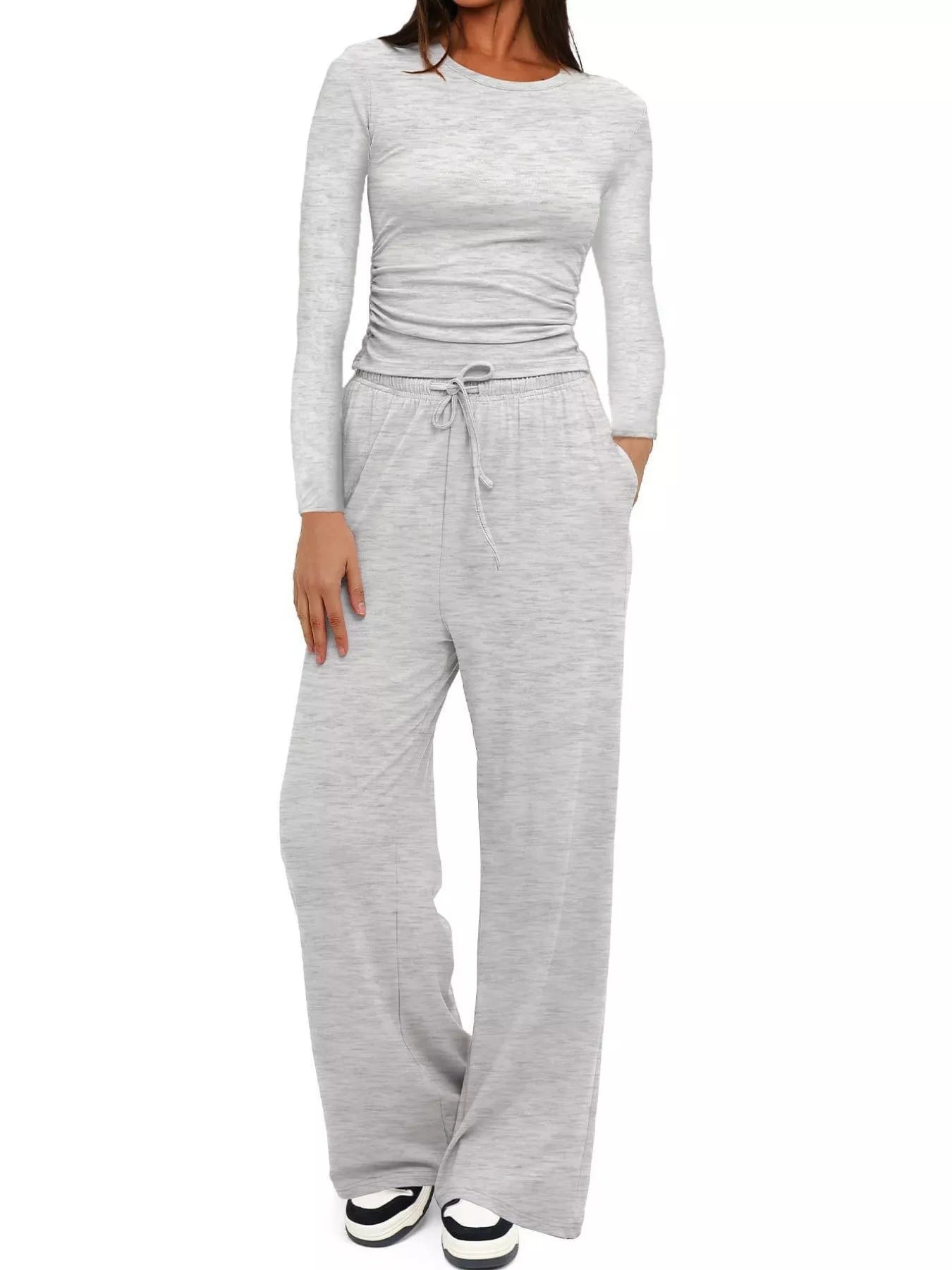 Sarah Express Women's Round Neck Long Sleeve Top and Pants Set Light Gray
