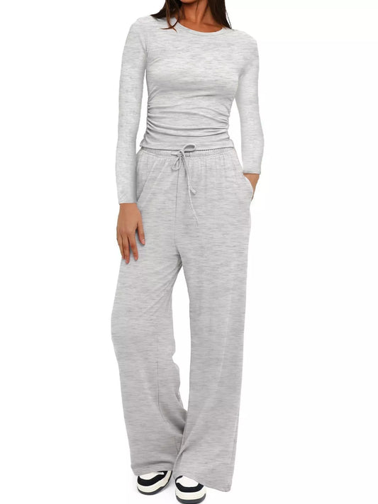 Sarah Express Women's Round Neck Long Sleeve Top and Pants Set Light Gray