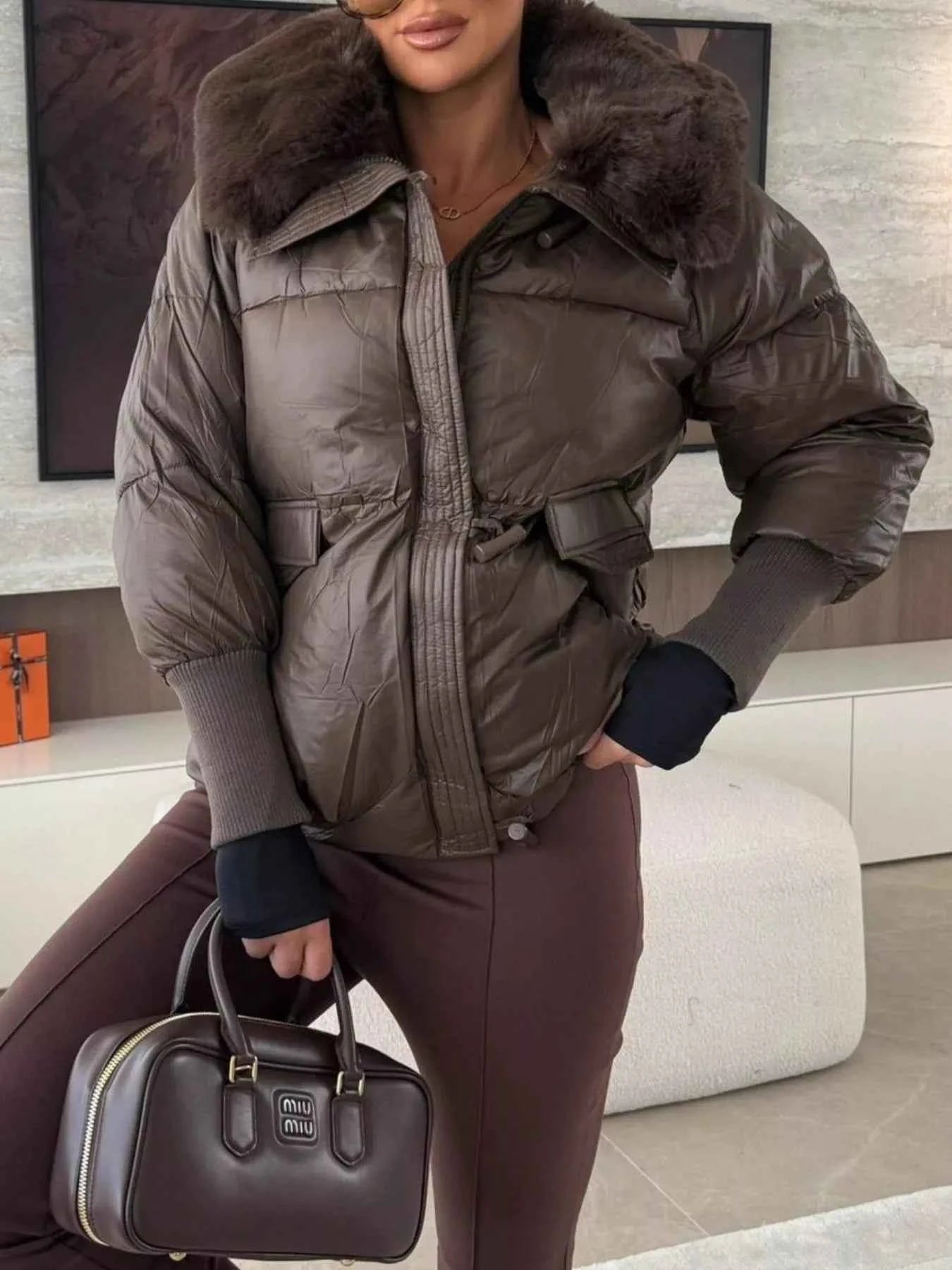 Sarah Express Women's Fur Collar Padded Puffer Jacket - Warm Winter Coat with Zipper Pockets