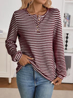 Sarah Express Women's Striped Button Detail Long Sleeve Top Wine Red