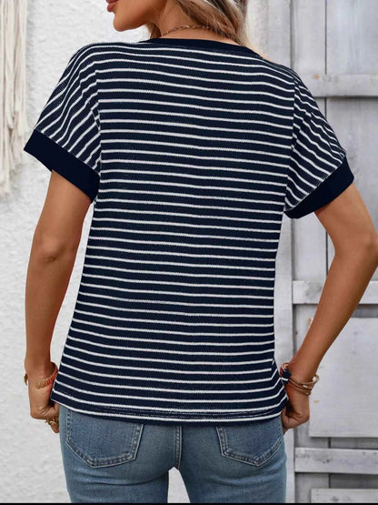 Sarah Express Women's Striped Ribbed Knit Short Sleeve T-Shirt