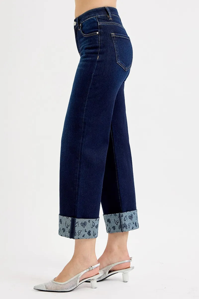 Sarah Express Women’s Plus Size Cropped Wide Leg Jeans with Printed Cuff
