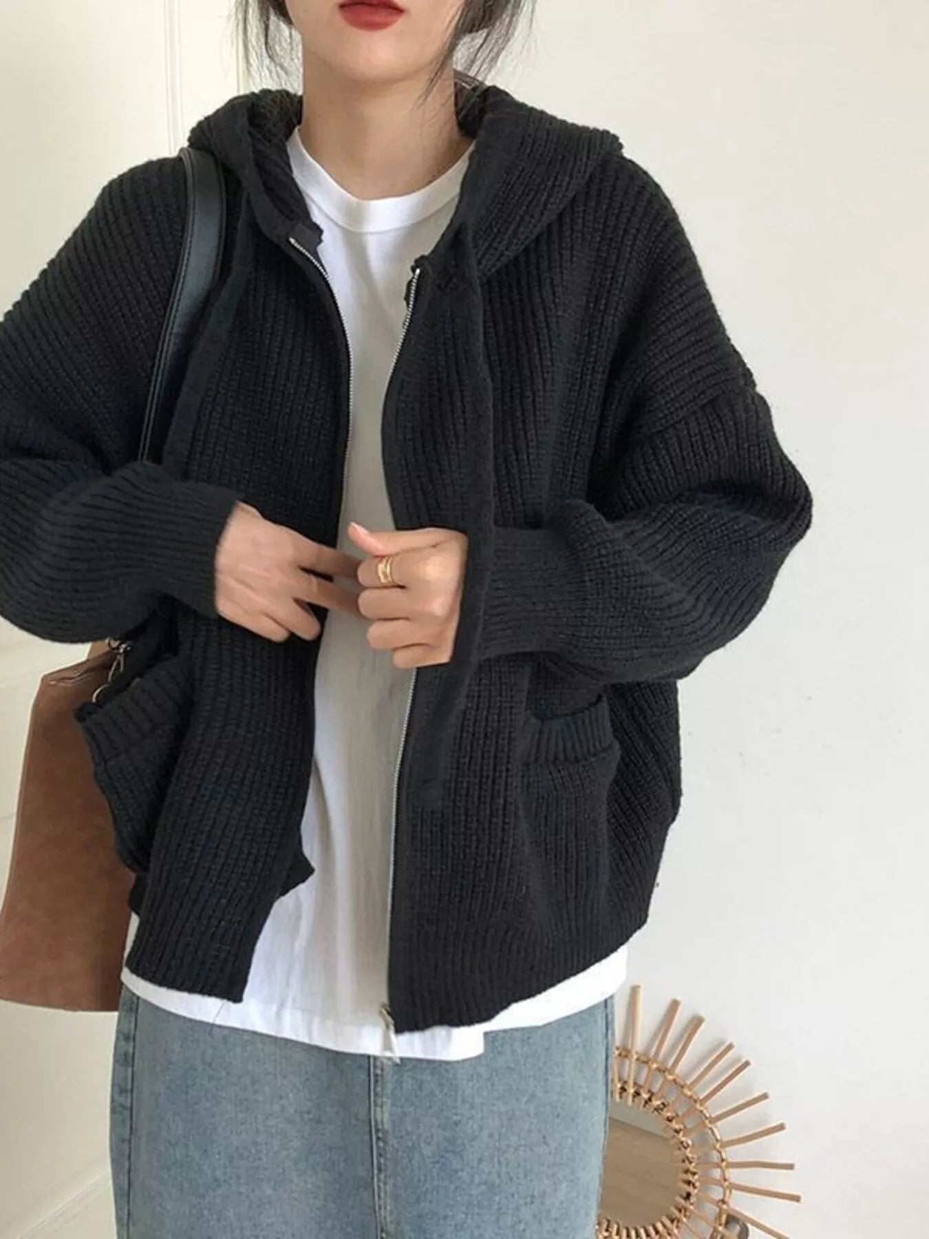 Sarah Express Women's Casual Knitted Zip-Up Hooded Cardigan