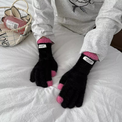 Sarah Express Women's Warm Plush Contrast Knitted Gloves Black One Size
