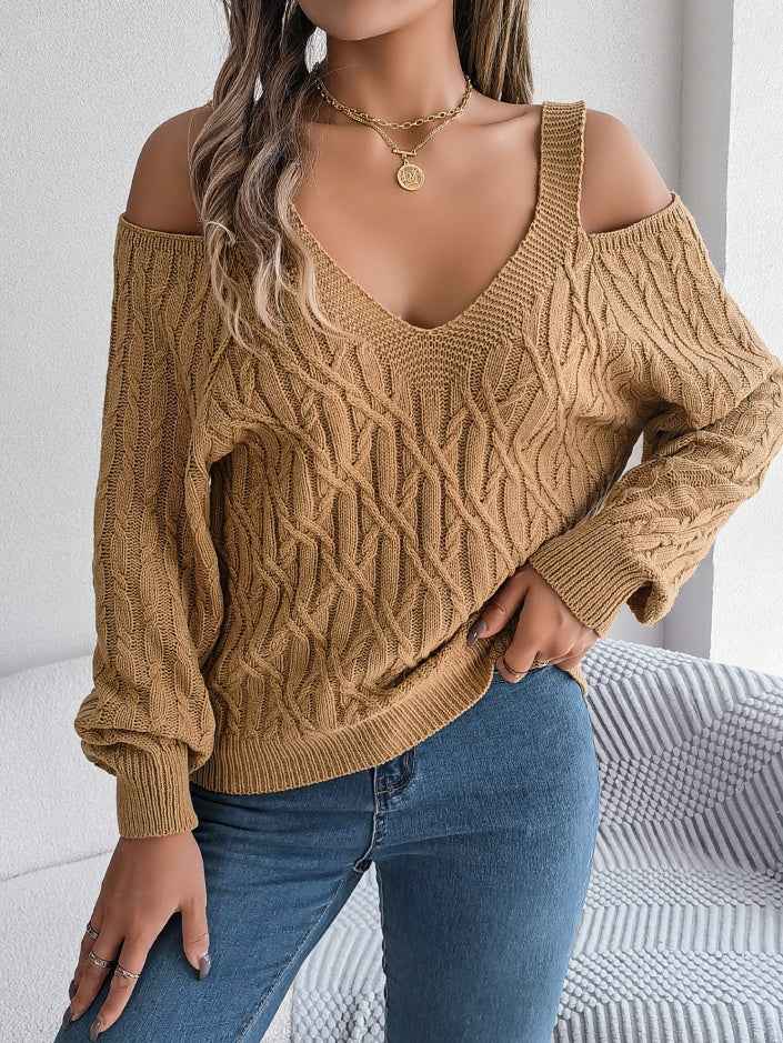 Sarah Express Women's Off-Shoulder Cable Knit Sweater - Casual Lantern Sleeve Pullover Khaki