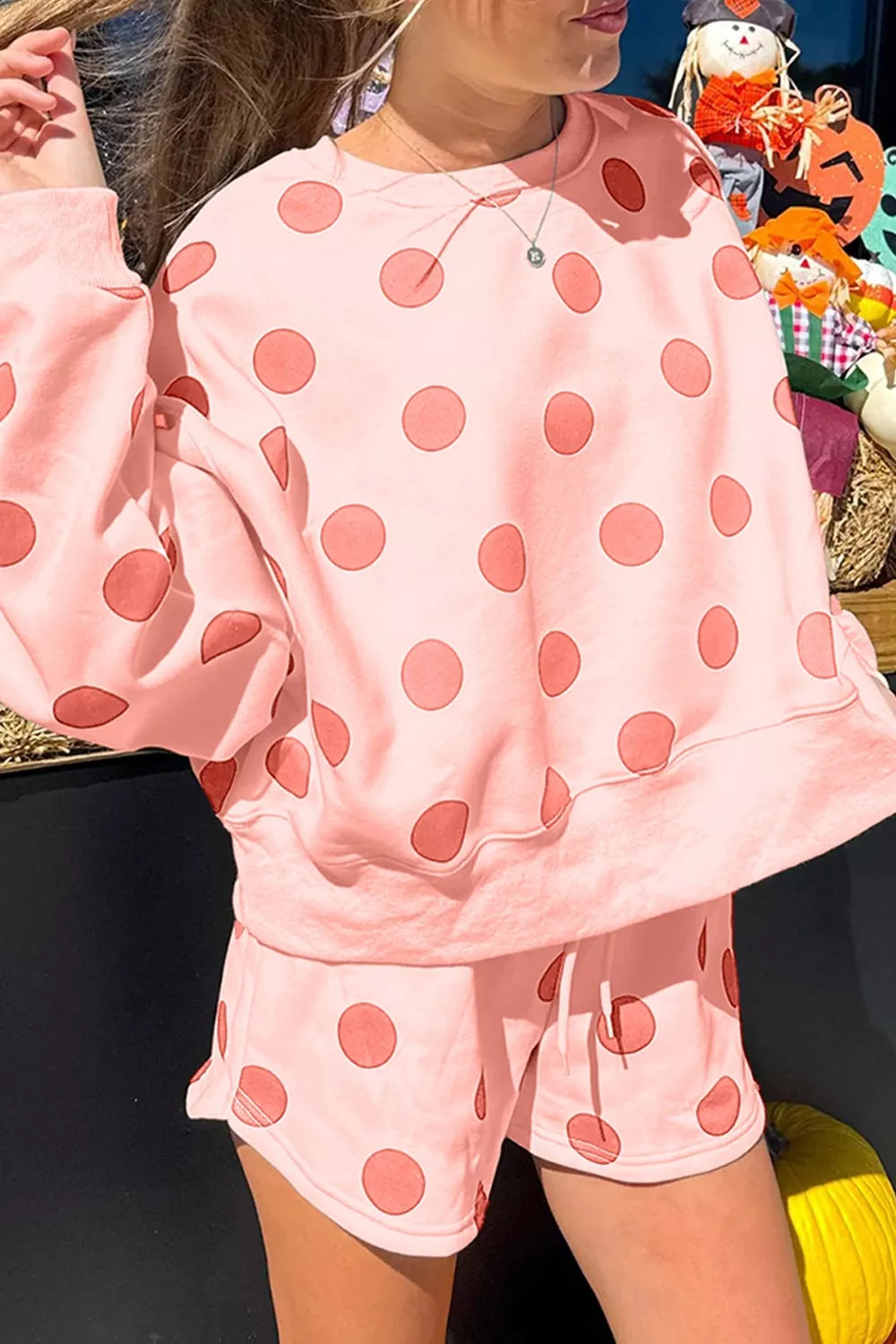 Sarah Express Women's Polka Dot Print Drop Shoulder Pullover Drawstring Shorts Set