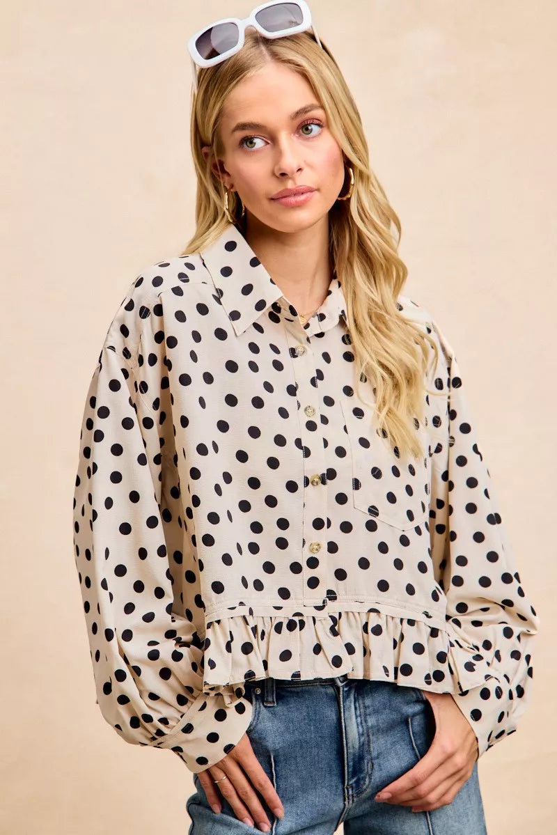 Sarah Express Women's Crinkle Polka Dot Ruffled Hem Button Up Shirt Top