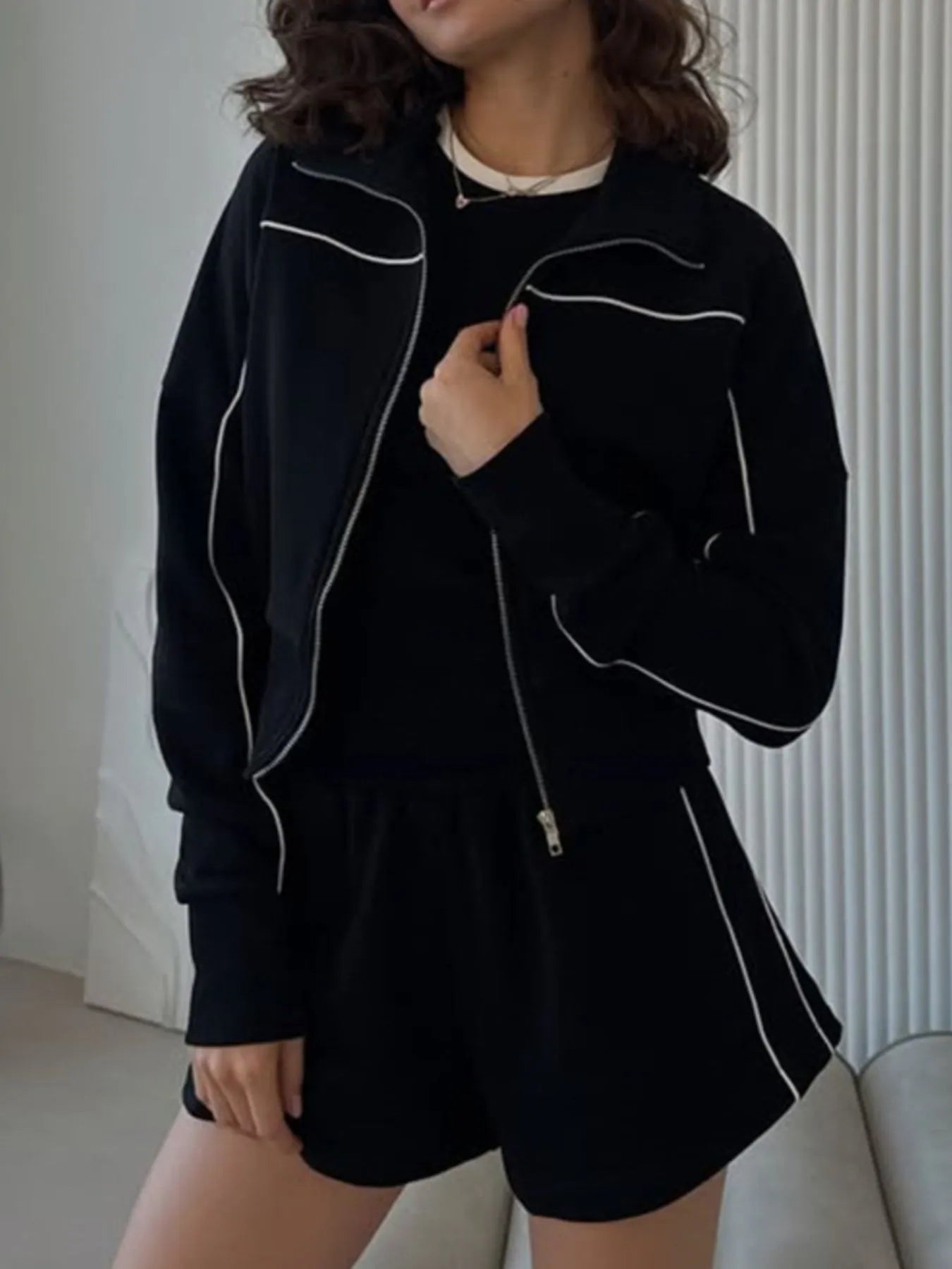 Sarah Express Women's Zip Up Long Sleeve Top and Shorts Set Black