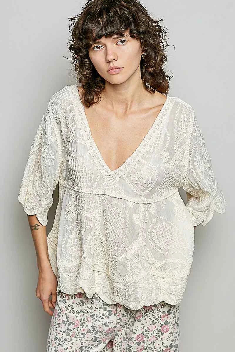 Sarah Express Women's V-Neck Crochet Blouse with Scalloped Hem - Vintage Boho Top NATURAL