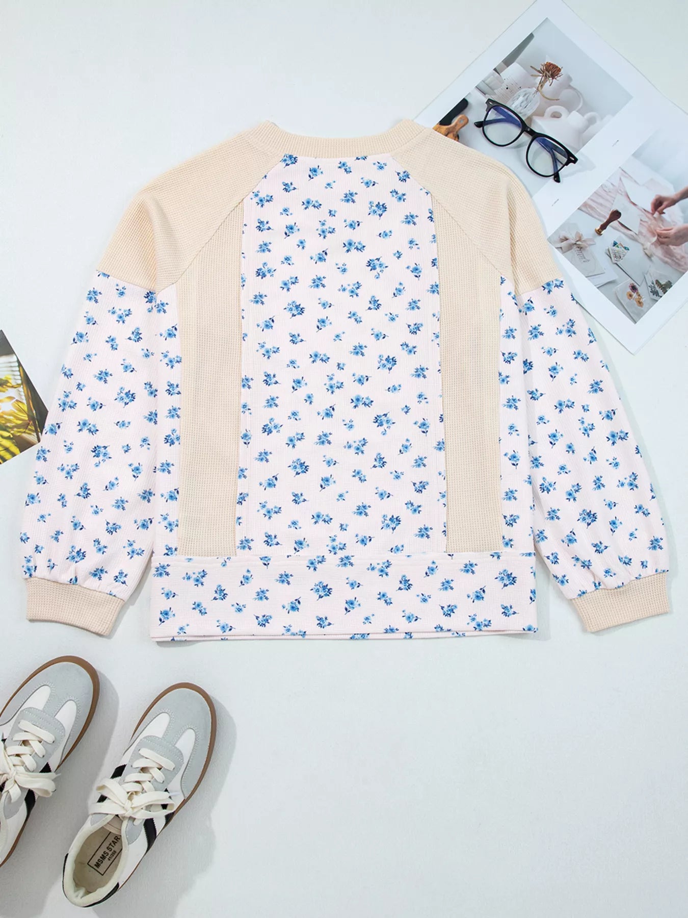 Sarah Express Women's Waffle Knit Floral Color Block Patchwork Balloon Sleeves Oversized Top