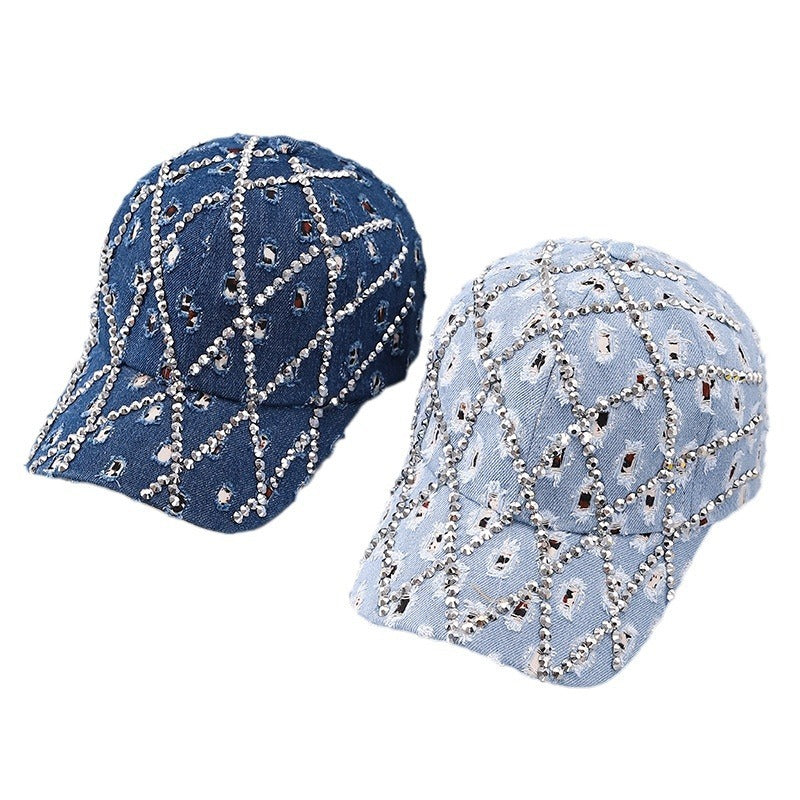 Sarah Express Rhinestone Leopard Denim Baseball Cap Distressed Cotton Adjustable Hat