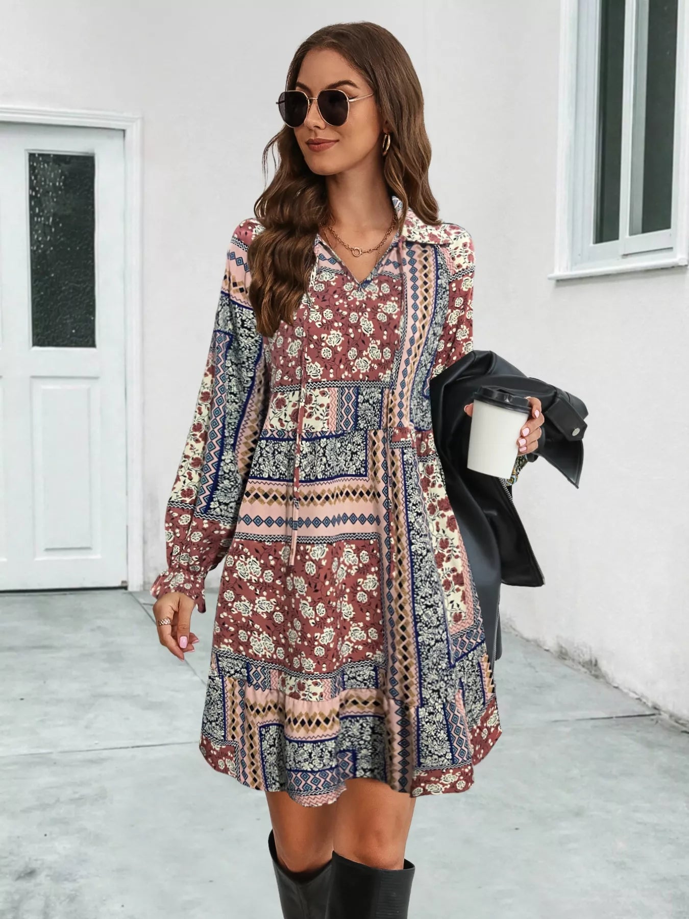 Sarah Express Women's Boho Floral Print Long Sleeve Mini Dress Ochre