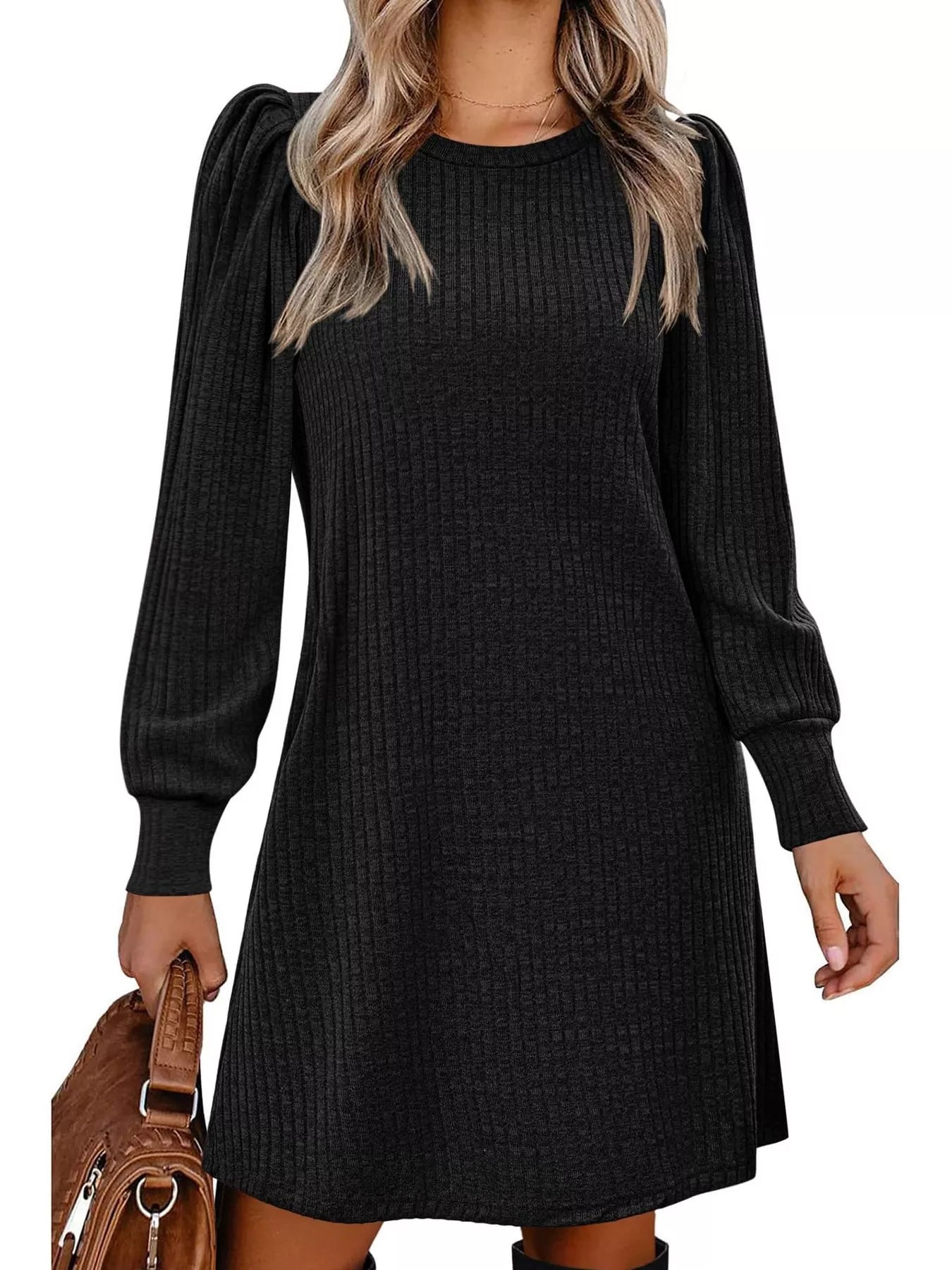Sarah Express Women's Ribbed Knit Puff Sleeve Mini Dress Black