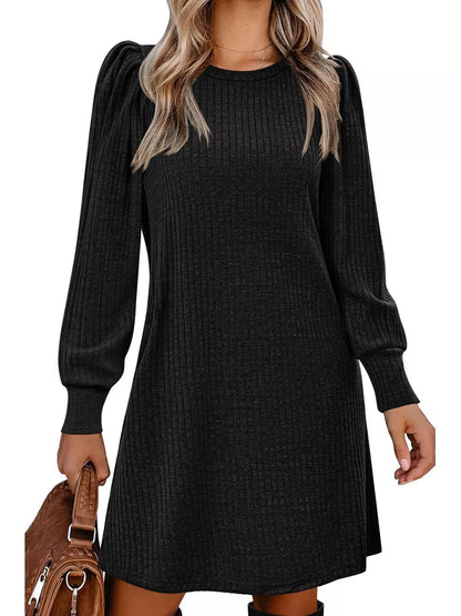 Sarah Express Women's Ribbed Knit Puff Sleeve Mini Dress Black
