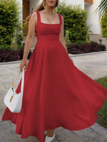 Sarah Express Women's Square Neck Wide Strap A-Line Dress Cotton Blend Casual Midi Dress Navy Blue