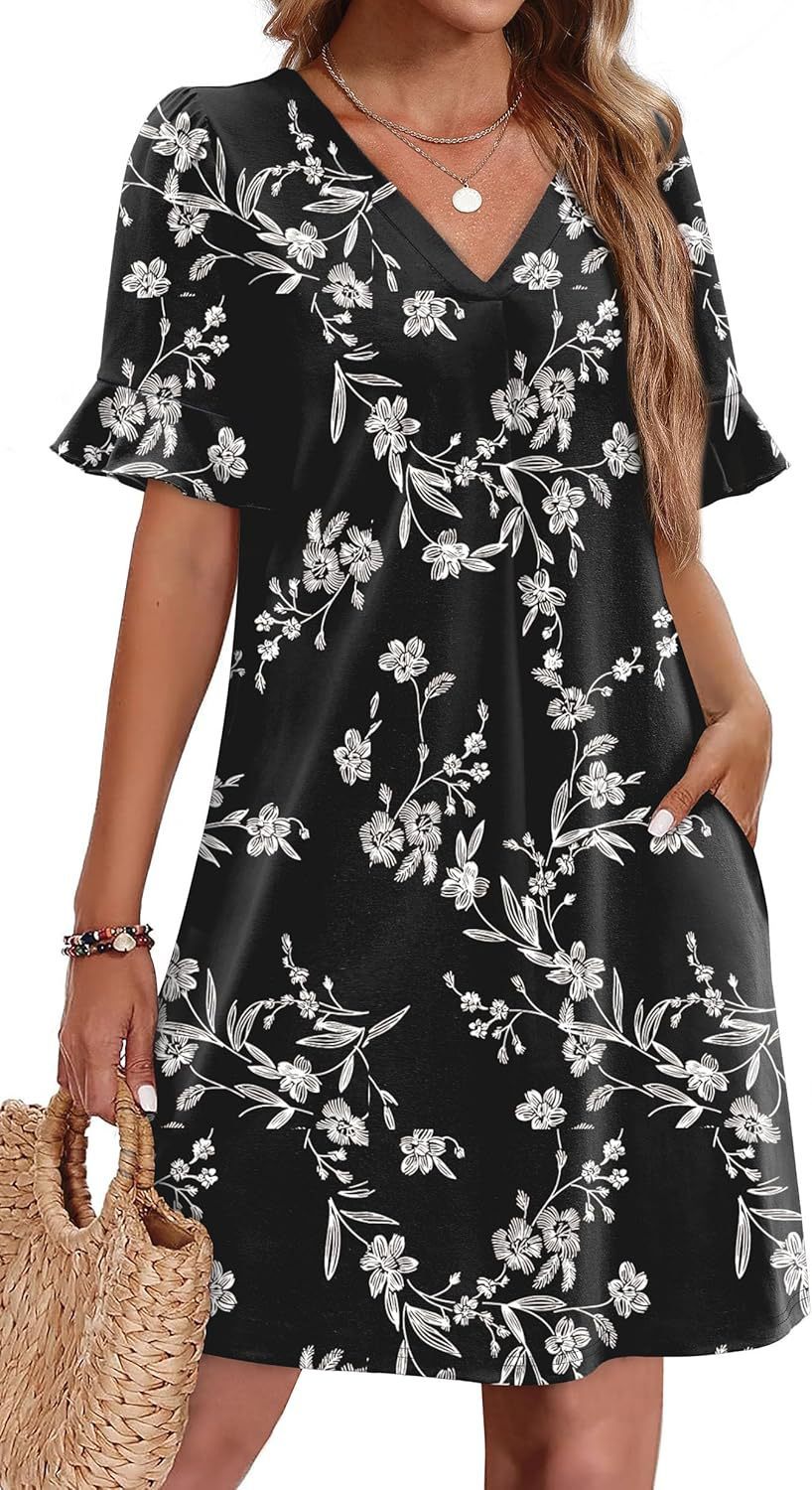 Sarah Express Women's V-Neck Ruffled A-Line Dress with Pockets Vacation Casual Short Sleeve