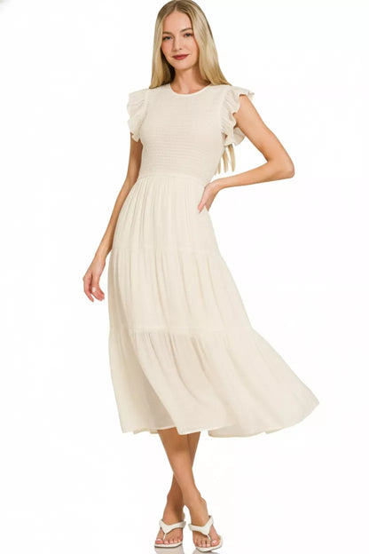 Sarah Express Women's Woven Smocked Ruffle Sleeve Midi Dress