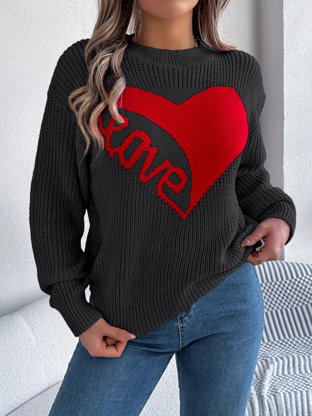 Sarah Express Women's LOVE Heart Round Neck Dropped Shoulder Sweater Black