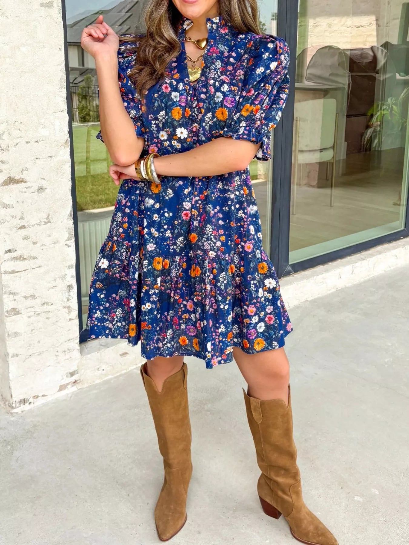 Sarah Express Women's Floral Print Ruffle Hem Mini Dress Short Sleeve Cotton Blend Summer Dress