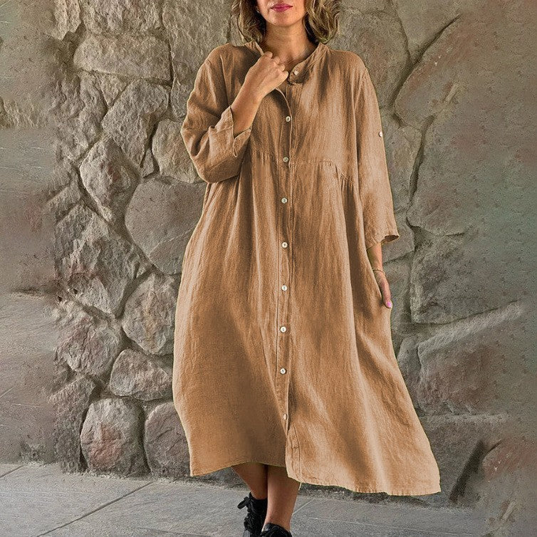 Casual Standing Collar Button Long Dress