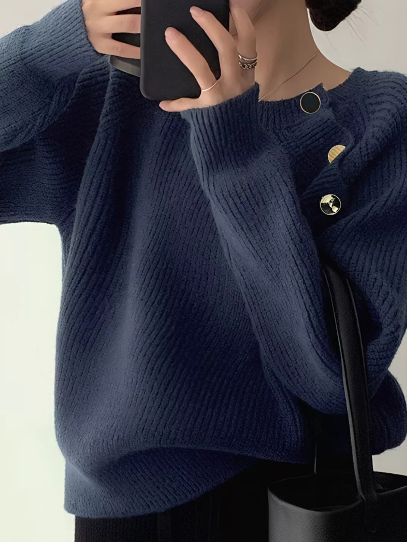 Sarah Express Women's Button-Decorated Round Neck Sweater