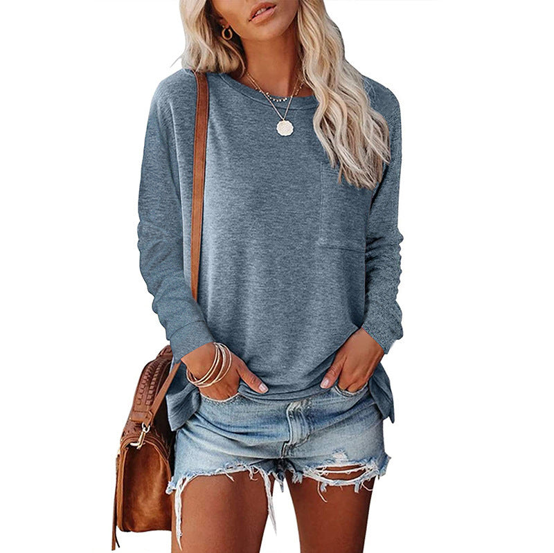 Sarah Express Women's Long Sleeve Pocket T-Shirt Split Hem Casual Cotton Blend Top