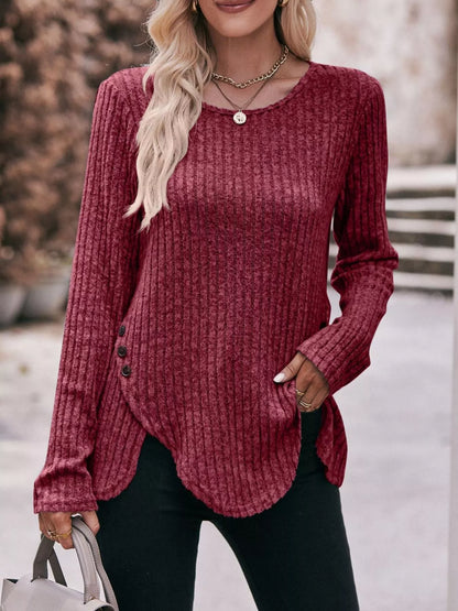 Sarah Express Women's Ribbed Knit Long Sleeve T-Shirt Burgundy
