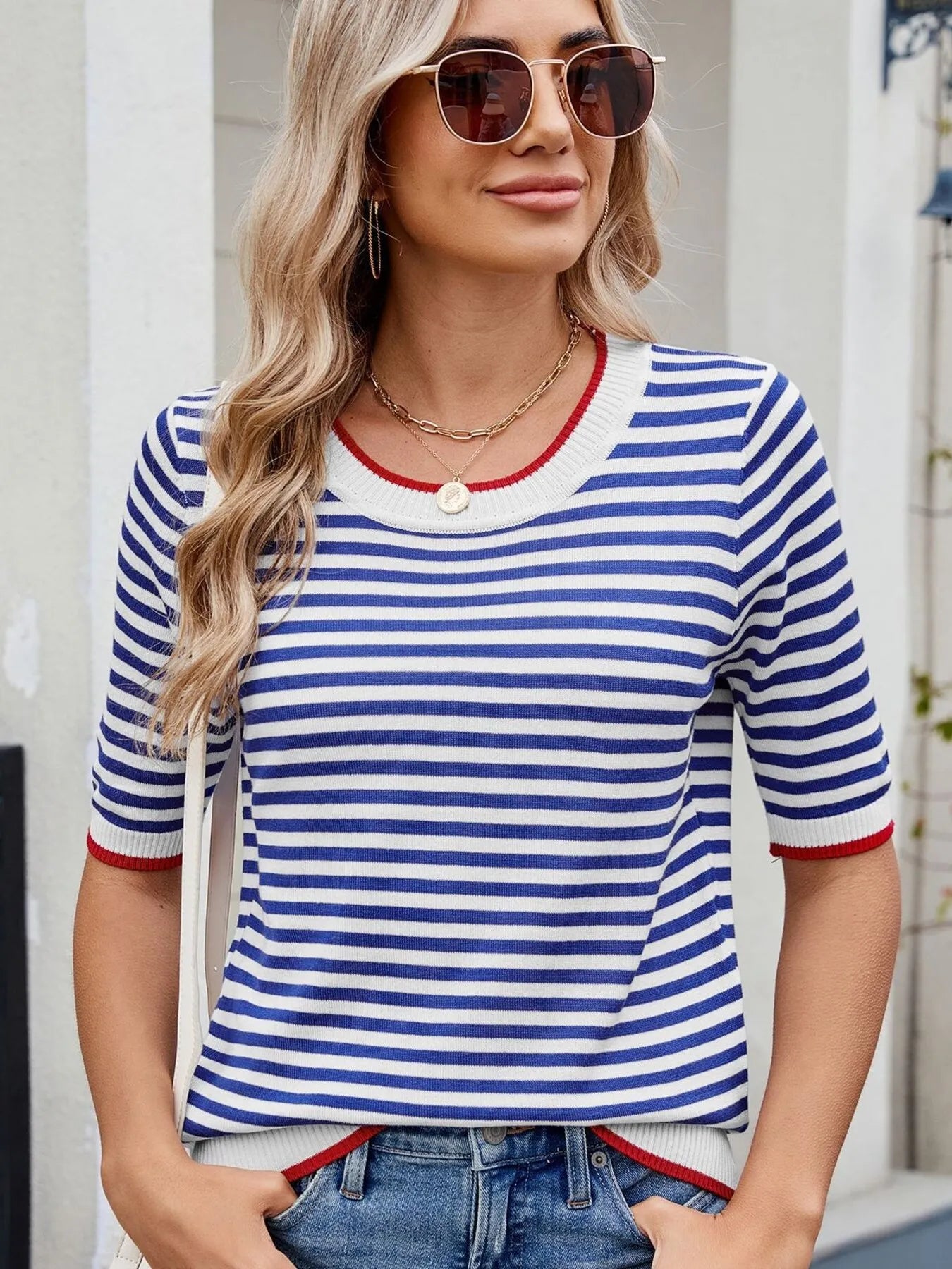 Sarah Express Women's Striped Casual T-Shirt with Contrast Trim
