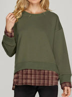 Sarah Express Women's Plaid Patchwork Drop Shoulder Sweatshirt Dark Green