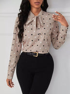 Sarah Express Women's Polka Dot Tie Neck Blouse Dust Storm