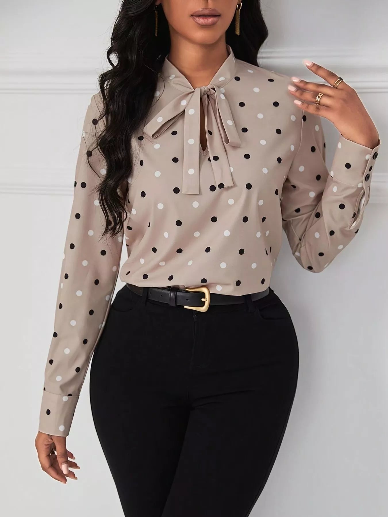 Sarah Express Women's Polka Dot Tie Neck Blouse Dust Storm