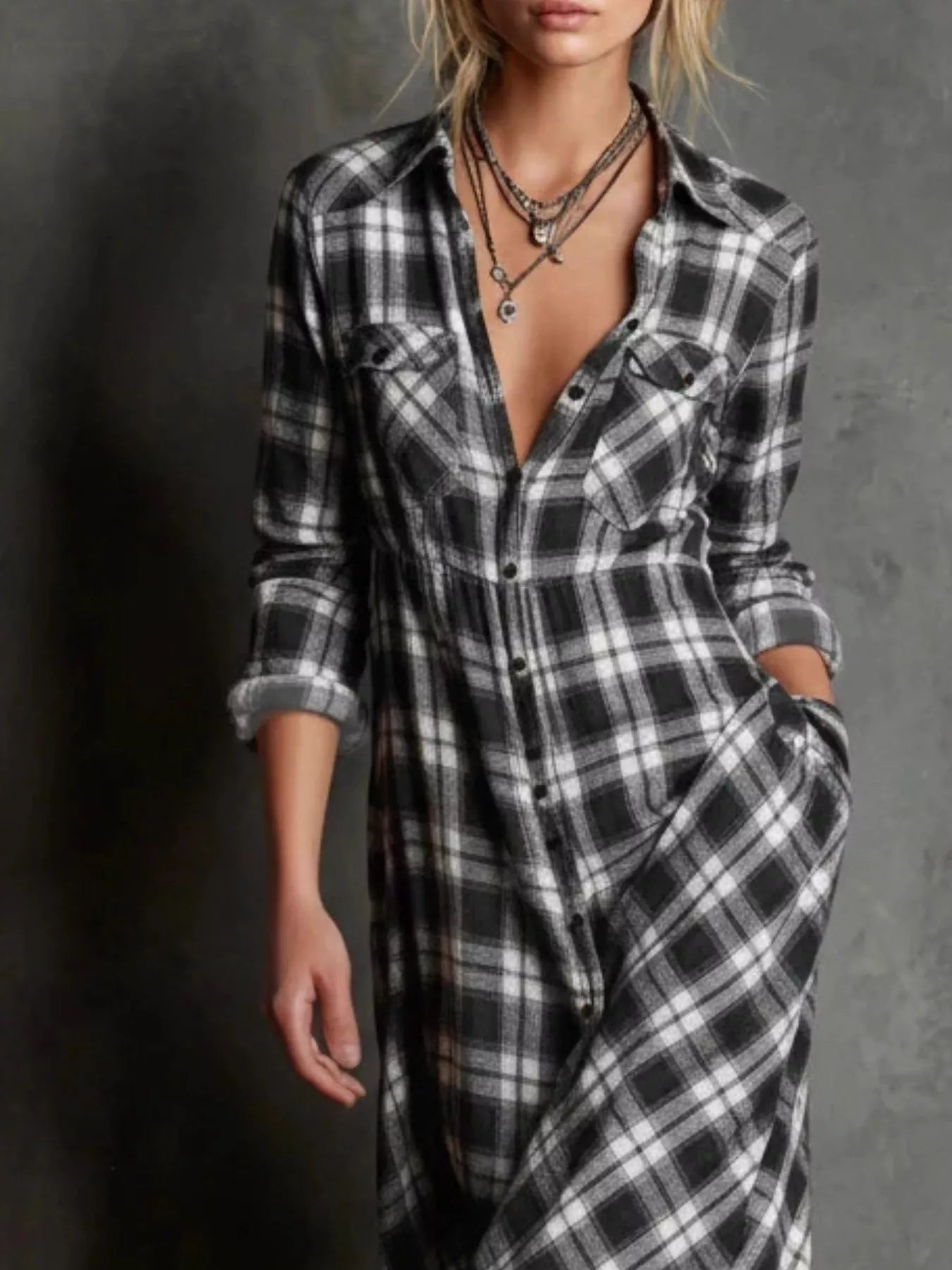 Sarah Express Women's Plaid Button Down Maxi Dress Plus Size Long Sleeve Shirt Dress