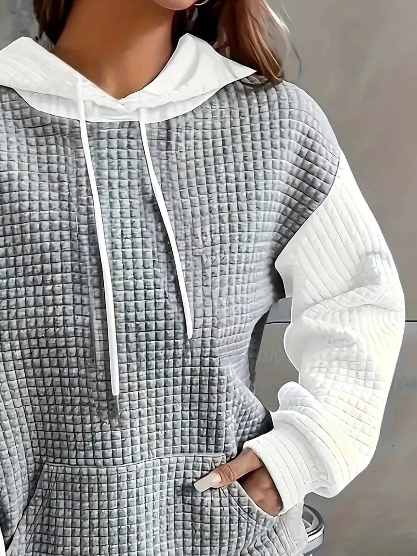 Sarah Express Women's Textured Kangaroo Pocket Hoodie Plus Size Drawstring Sweatshirt