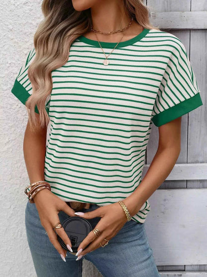 Sarah Express Women's Striped Ribbed Knit Short Sleeve T-Shirt
