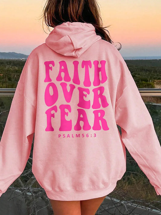 Sarah Express Women's FAITH OVER FEAR Dropped Shoulder Hoodie Pink