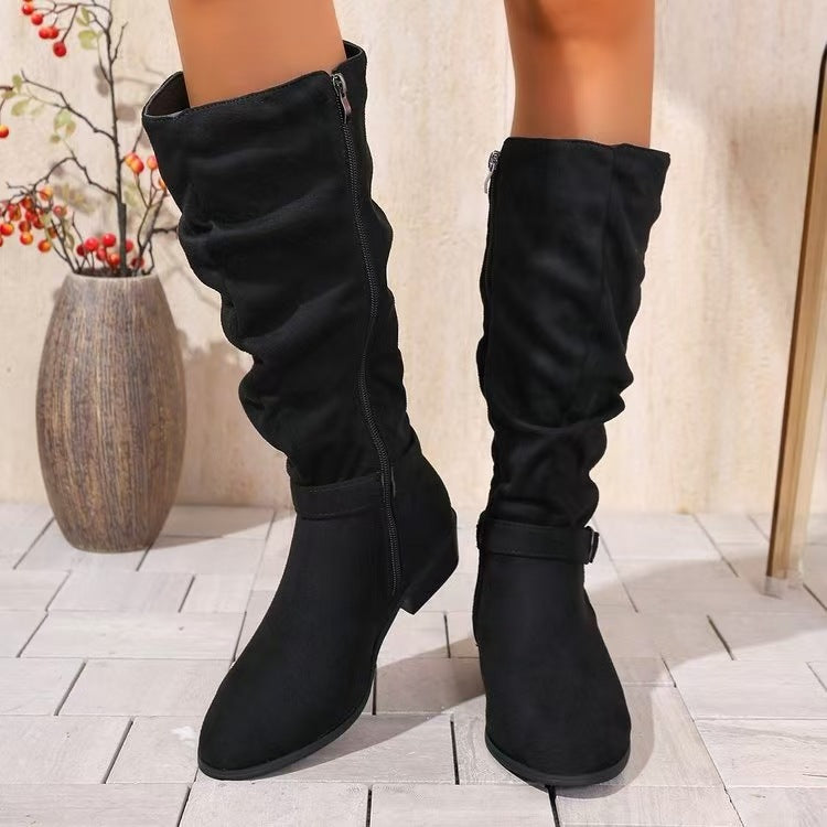 Sarah Express Belt Buckle High Shaft Suede Long Boots Black