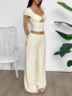 Sarah Express Women's Cutout Short Sleeve Top and Pants Set