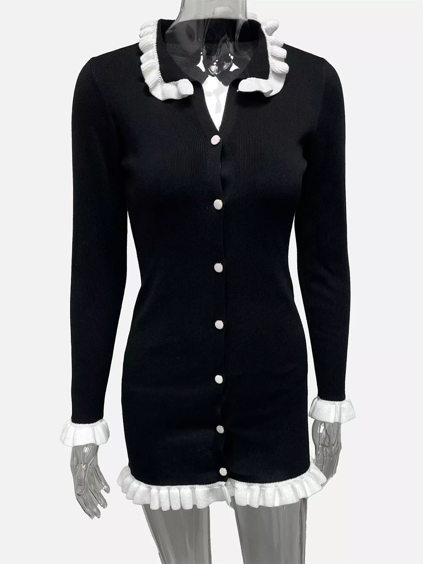 Sarah Express Women's Ruffle Trim Button-Down Sweater Dress