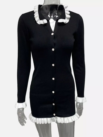 Sarah Express Women's Ruffle Trim Button-Down Sweater Dress